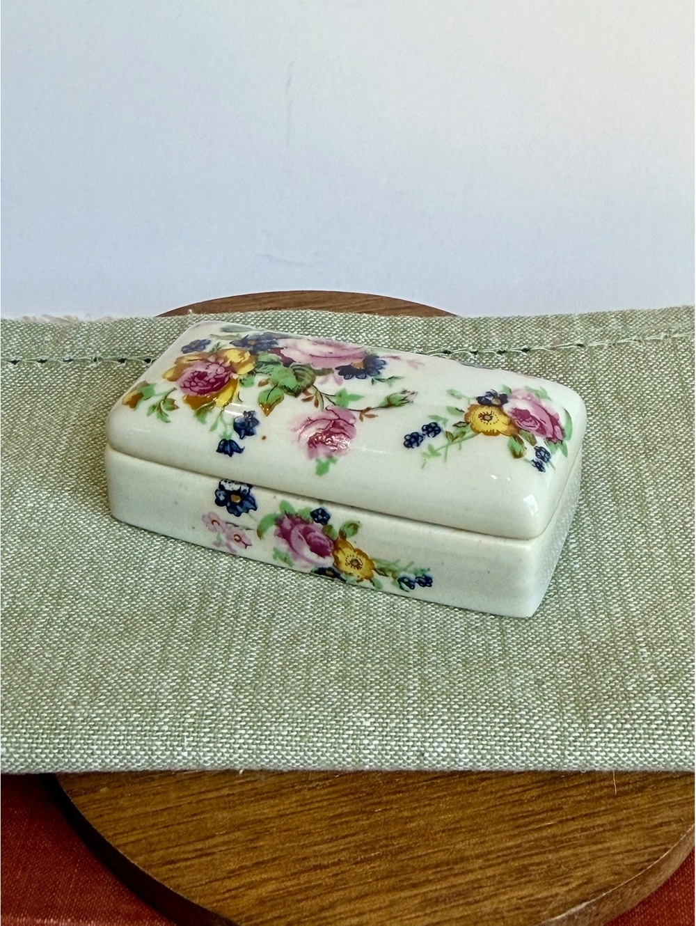 Vintage Floral Porcelain Trinket Box Pink Roses Cottagecore Jewelry Box